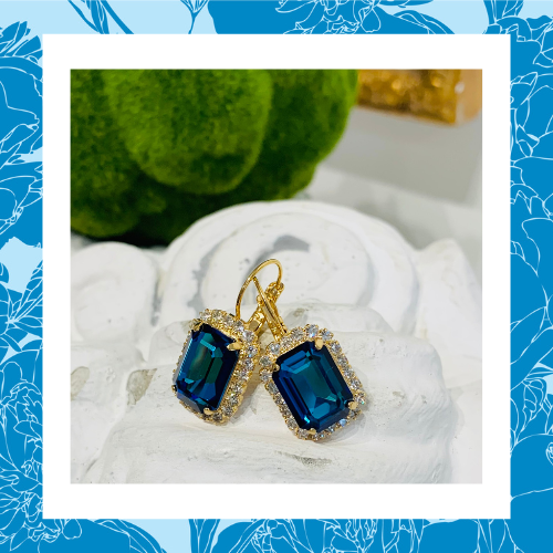 Sapphire Blue Square Crystal with Crystal Rhinestones Leverback Gold Drop Earrings