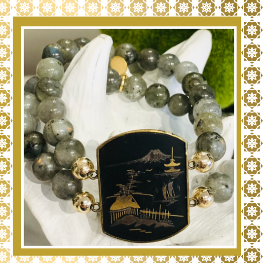 Handmade One of a Kind  Labradorite Bracelet With Vintage Exceptional Damascene Engraved Detail