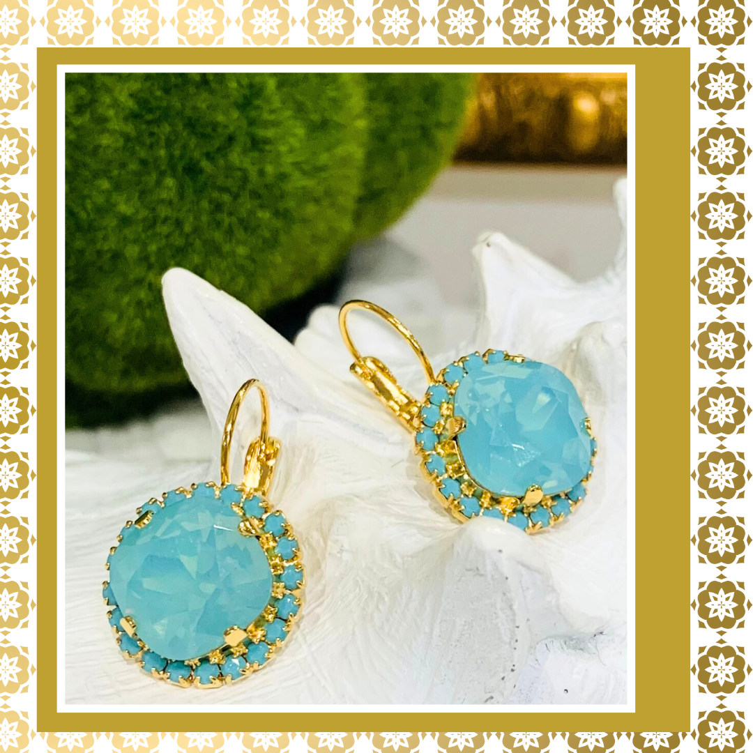 Pacific Opal  Crystal Round Earrings With Turquoise  Lever Back Gold Plated  Drop Earrings