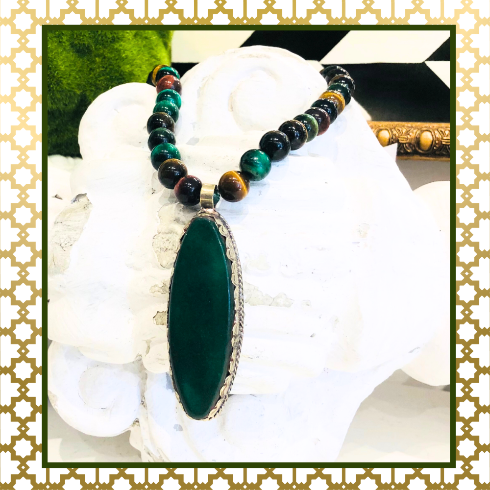 Green Agate Stone Pendant With  Multi Color Agate Beads One of a Kind  Necklace