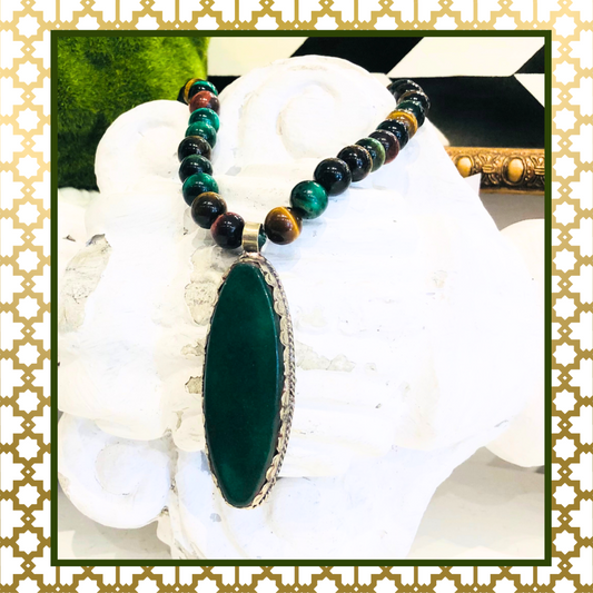 Green Agate Stone Pendant With  Multi Color Agate Beads One of a Kind  Necklace