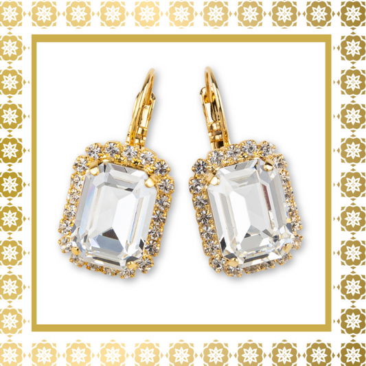Square Crystal with Crystal Rhinestones Lever Back Gold Plated Drop Earrings