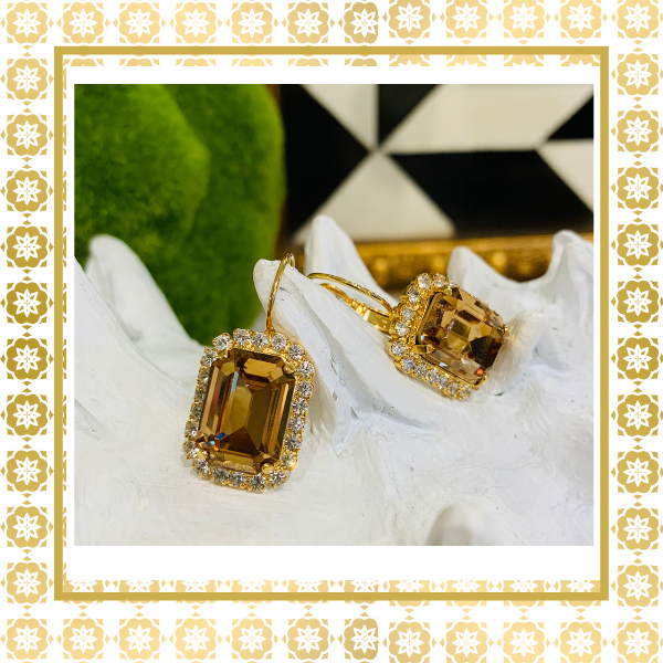 Topaz Crystal Octagon Earrings With Crystal Rhinestones Lever Back Gold Plated  Drop Earrings
