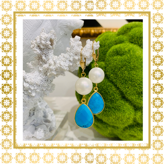 Pearl & Turquoise 14K Gold Filled Shell Design Lever Back Drop Earrings