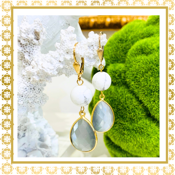 Howlite & Grey Crystal 14K Gold Filled Shell Design Lever Back Drop Earrings
