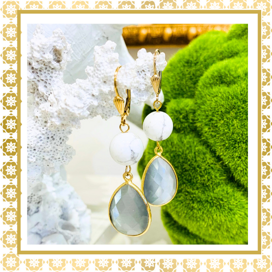 Howlite & Grey Crystal 14K Gold Filled Shell Design Lever Back Drop Earrings