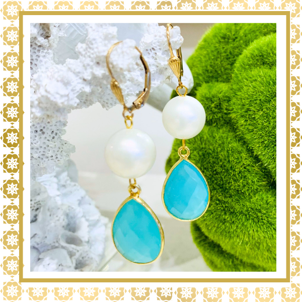Pearl & Aqua Chalcedony 14K Gold Filled Shell Design Lever Back Drop Earrings