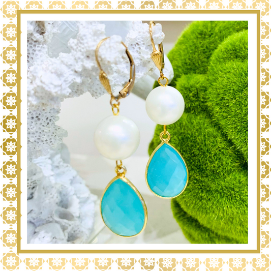 Pearl & Aqua Chalcedony 14K Gold Filled Shell Design Lever Back Drop Earrings