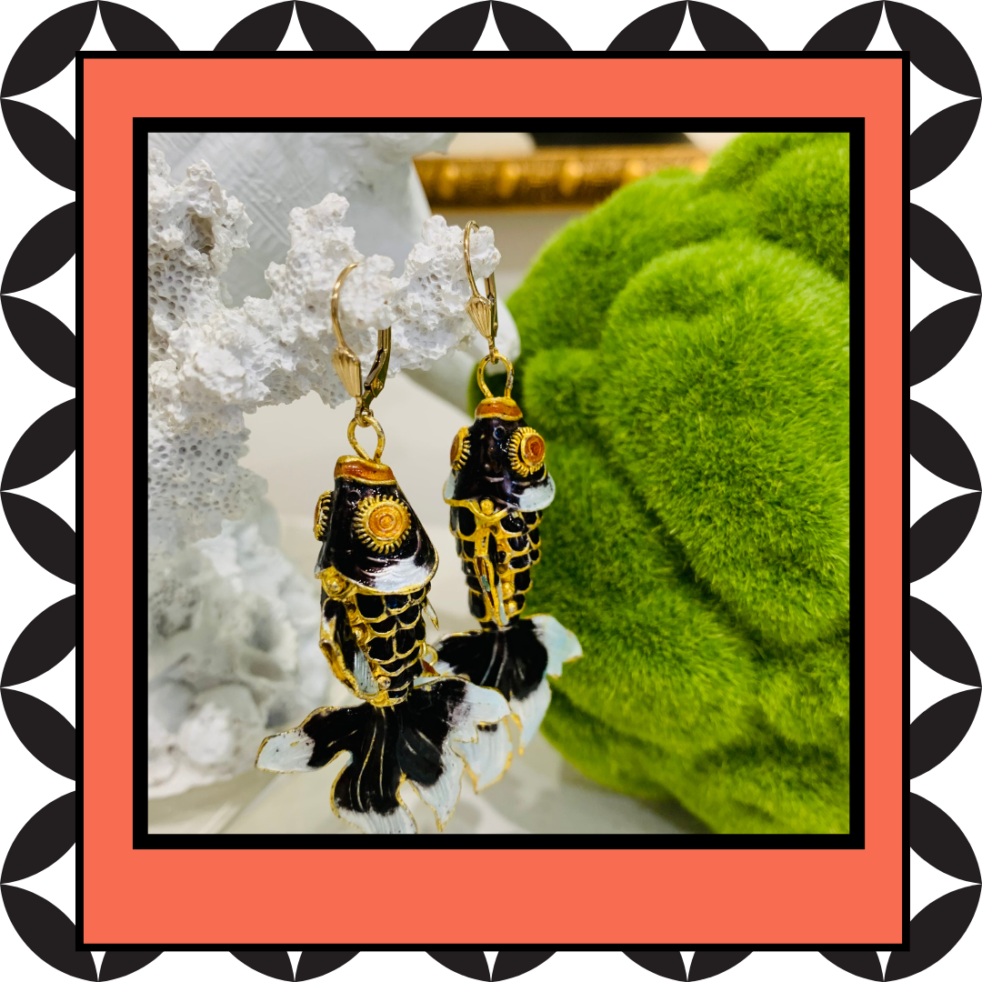 Black Koi Fish Hand Painted 14K Gold Filled Lever Back Drop Earrings