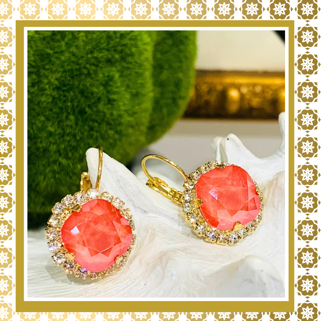 Coral Color Crystal Round Earrings With Crystal Rhinestones Lever Back Gold Plated  Drop Earrings