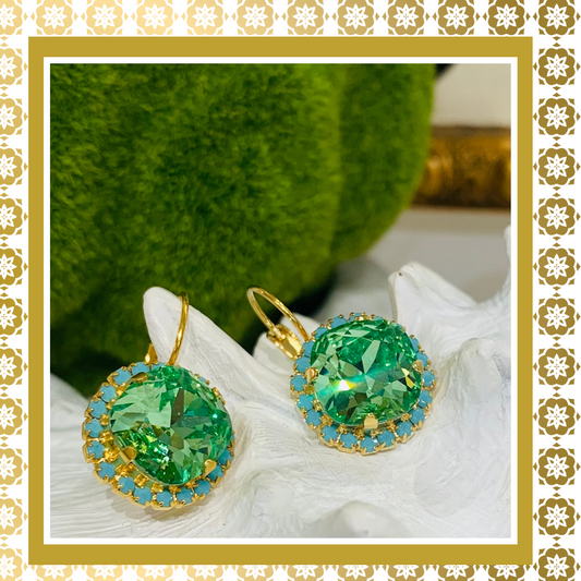 Green Crystal Round Earrings With Turquoise  Lever Back Gold Plated  Drop Earrings