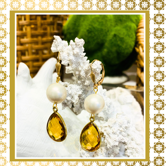Pearl and  Citrine Crystal  14K Gold Filled Drop Earrings