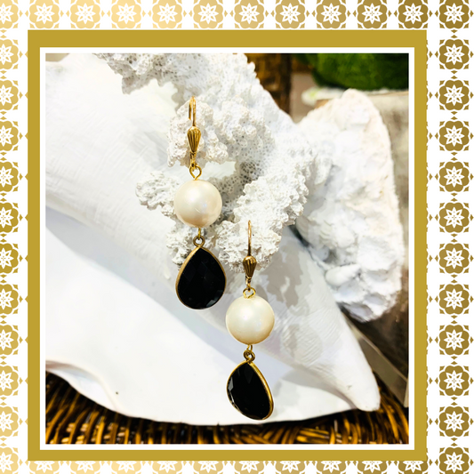 Pearl and  Black Onyx Crystal  14K Gold Filled Drop Earrings