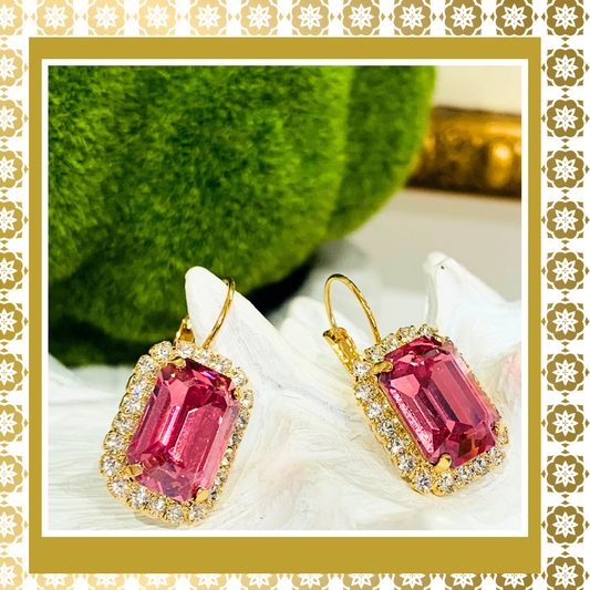 Pink Crystal Octagonal  Earrings With Crystal Rhinestones Lever Back Gold Plated  Drop Earrings