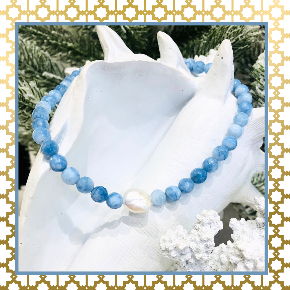 Blue Faceted Agate Stone Baroque Pearl Handmade Necklace