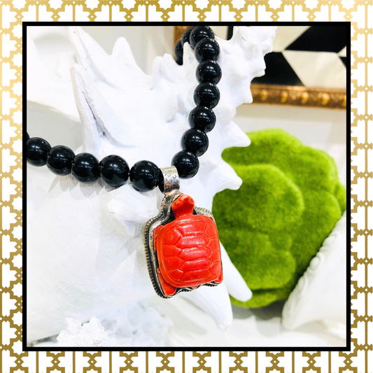 Black Onyx Red Turtle One of a Kind Handmade Necklace