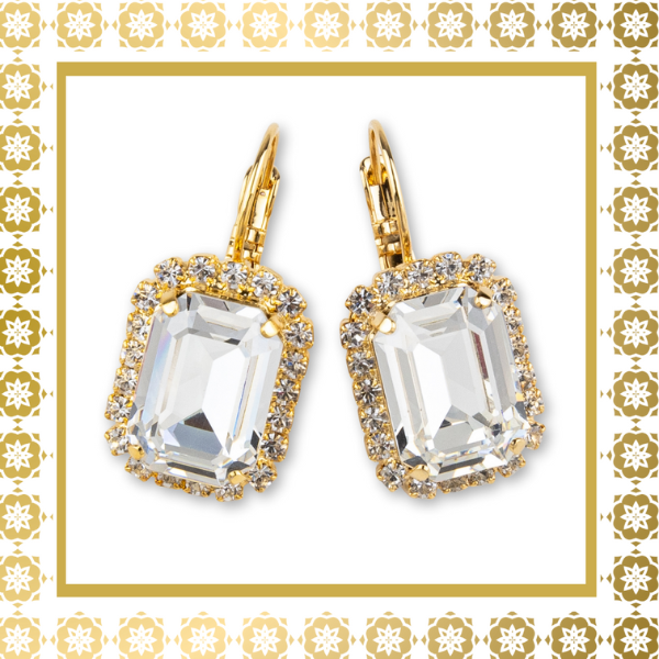 Square Crystal with Crystal Rhinestones Lever Back Gold Plated Drop Earrings