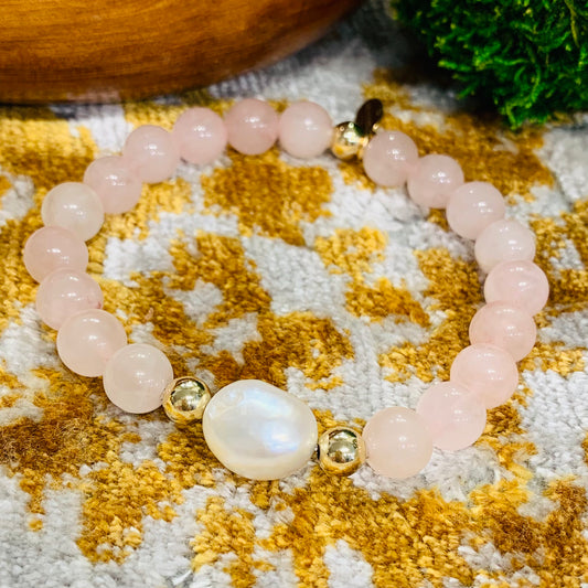 Luxury Baroque Pearl Gratitude Bracelet 14K Gold Filled in Rose Quartz Healing Love Friendship