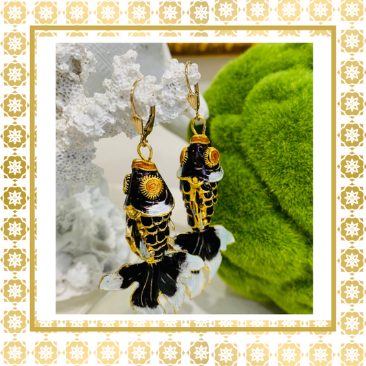 Koi Fish Hand Painted 14K Gold Filled Black Lever Back Drop Earrings