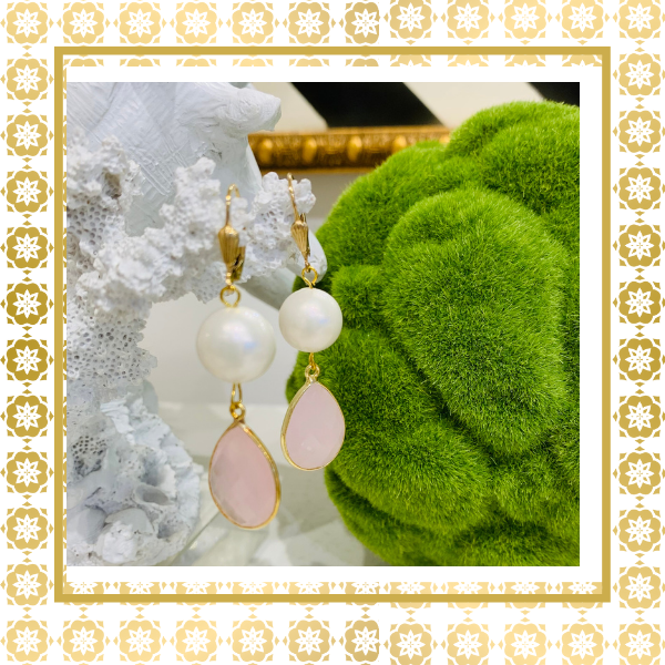 Pearl & Pink Chalcedony 14K Gold Filled Shell Design Lever Back Drop Earrings