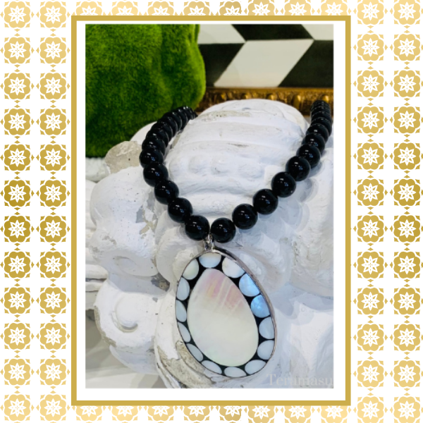 Black Onyx Mother of Pearl SS One of a Kind Handmade Necklace