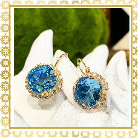 Aqua Blue Crystal Round Earrings With Crystal Rhinestones Lever Back Gold Plated  Drop Earrings