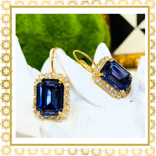 Midnight Blue Crystal Octagonal  Earrings With Crystal Rhinestones Lever Back Gold Plated  Drop Earrings